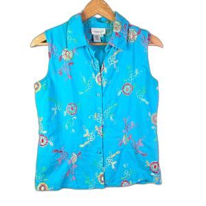 Coldwater Creek Blouse Turquoise 10 Sleeveless Embroidered Floral Button Front